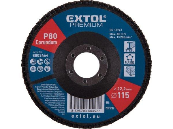 EXTOL PREMIUM lamellás csiszoló acél, Alu, műa. és fa munkadarabok
csiszolására, 115×22mm; P80, kúpos, max.:13.200 ford./perc, EN13743