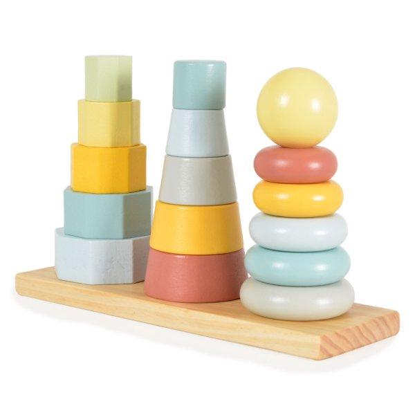 Tooky Toy Fa játék toronyépítő 3 dbos szett Montessori Pasztell