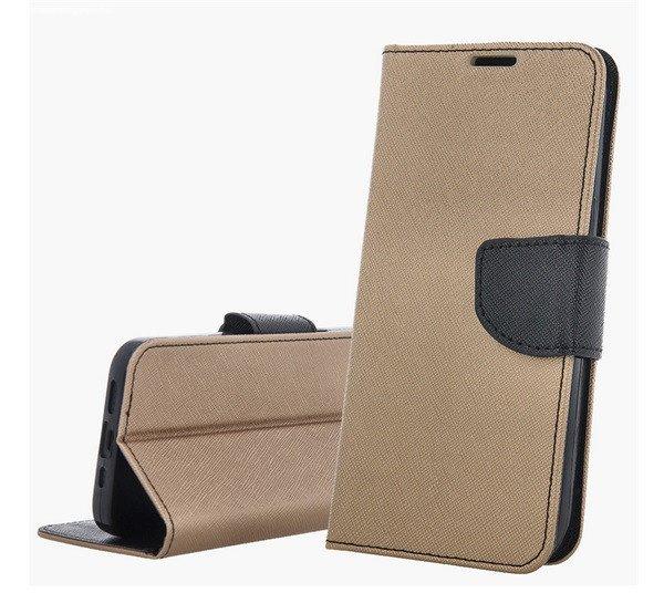 Tok álló, bőr hatású (FLIP, oldalra nyíló, asztali tartó, kártyazseb,
textil hatás) ARANY/FEKETE Apple iPhone 16