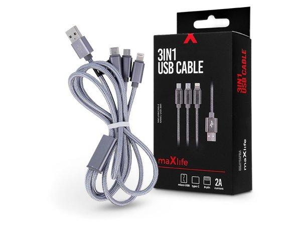 Maxlife USB töltő- és adatkábel 1 m-es vezetékkel - Maxlife 3in1 for
Lightning/microUSB/Type-C USB Cable - 5V/2A - ezüst