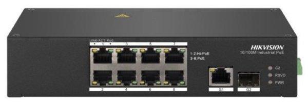 Hikvision DS-3T0310HP 10 portos ipari PoE switch (110 W), 6 PoE / 2 HiPoE+ / 1
RJ45 + 1 SFP uplink port, nem menedzselhető