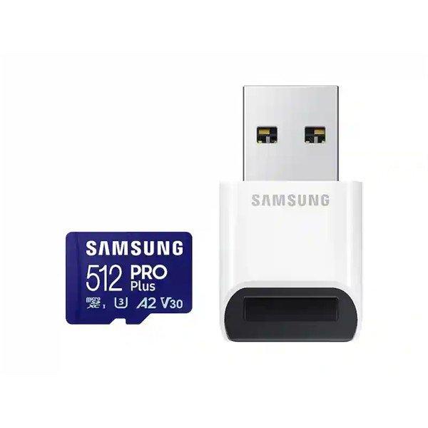 SAMSUNG Memóriakártya, PRO Plus + Reader microSDXC 512GB, CLASS 10, UHS-I, U3,
V30, A2, R180/W130