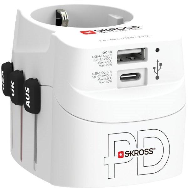 SKROSS PRO Light USB AC30PD, világutazó hálózati csatlakozó átalakító,
földelt PD(gyorstöltés)