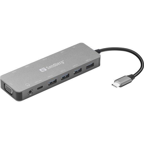 Sandberg Notebook Dokkoló - USB-C 13-in-1 Travel Dock (Bemenet: USB-C, Kimenet:
USB-C+3xUSB-A+2xHDMI+VGA+RJ-45+Audio)