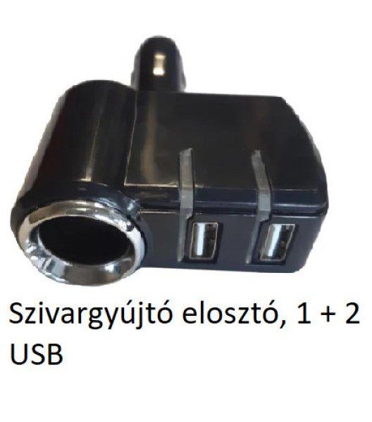 Szivargyújtó elosztó, 1 + 2 USB