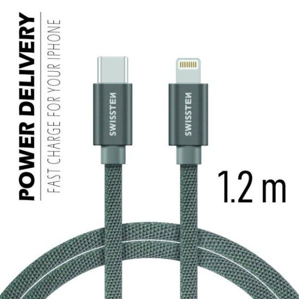 Adatkábel Swissten textil s USB-C + Lightning konnektorral és gyorstöltés
támogatással 1,2 m, szürke