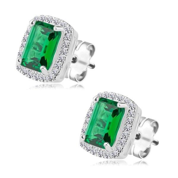 925 Silver earrings - green rectangular zircon, clear zircon edge