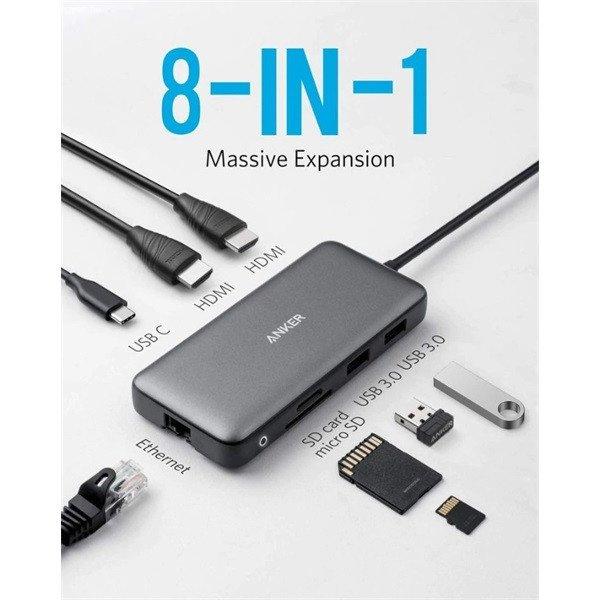 ANKER USB HUB, PowerExpend 8-in-1, USB-C Media Hub, 2xHDMI, 2xUSB3.0, Ethernet,
SD/microSD kártyaolvasóval - A83800A