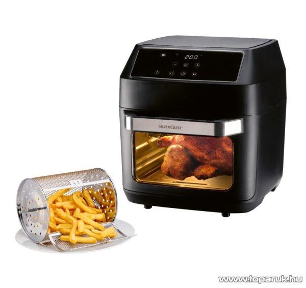 SilverCrest SHF 1800 C1 Air Fryer 9 az 1-ben grillcsirke / kebab /
forrólevegős / légkeveréses digitális sütő forgó grillel,
sütőkosárral + 3 sütőráccsal, belső világítással, 12 literes