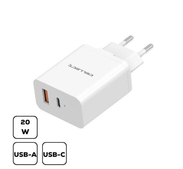 Cellect hálózati töltő Type-C + USB (MTCB-PD20W-W), 20W, fehér