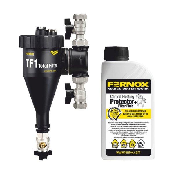 FERNOX TF1 Total filter mágneses iszapleválasztó golyócsappal és Protector
+ Filter Fluid folyadékkal, 22 mm