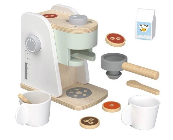 PlaytTive Coffee Machine Set, 9 részes játék fa kávéfőző készlet
gyerekeknek, 2 db bögrével, kanállal, tejes dobozzal, 3 db kávépárnával