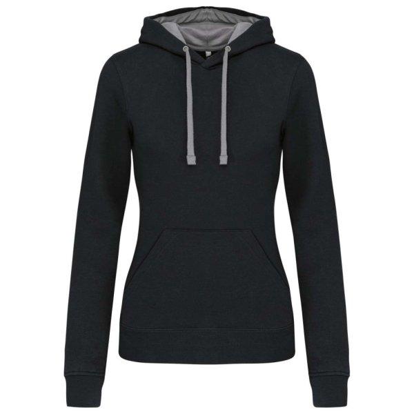 Női pulóver kontrasztos bélésű kapucnival, Kariban KA465, Black/Fine Grey-L