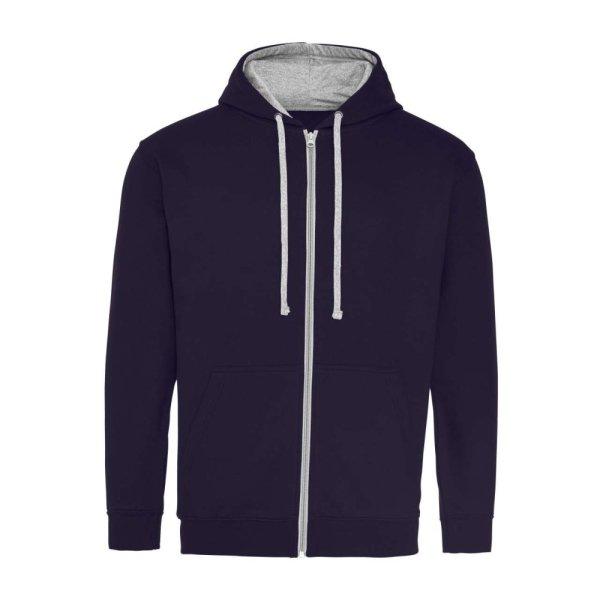 Just Hoods Uniszex pulóver kontrasztos színű cipzárral kapucnival AWJH053,
New French Navy/Heather Grey-M