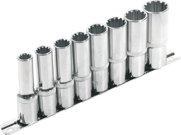 EXTOL PREMIUM hosszított Multi Lock dugófej klt. ; 1/2', 8db 10, 12, 13,
14, 16, 17, 19, 22mm, tartó sínen