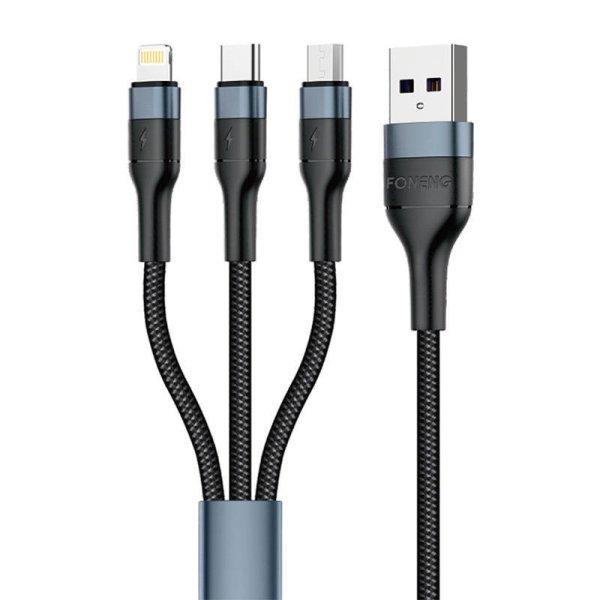 Foneng X51 3in1 USB USB-C / Micro USB / Lightning kábel, 3A, 1,2m (fekete)