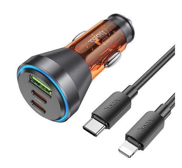 Hoco NZ12D autós szivargyújtó töltő USB QC 18W + 2xType-C 30W, + Type
C-Lightning kábel, (PD60W), átlátszó-narancssárga