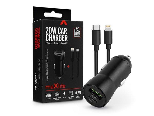 Maxlife szivargyújtós töltő adapter USB + Type-C bemenettel + Type-C -
Lightningkábel - 20W - Maxlife MXCC-04-20WAC PD3.0 + QC3.0 Car Charger - fekete