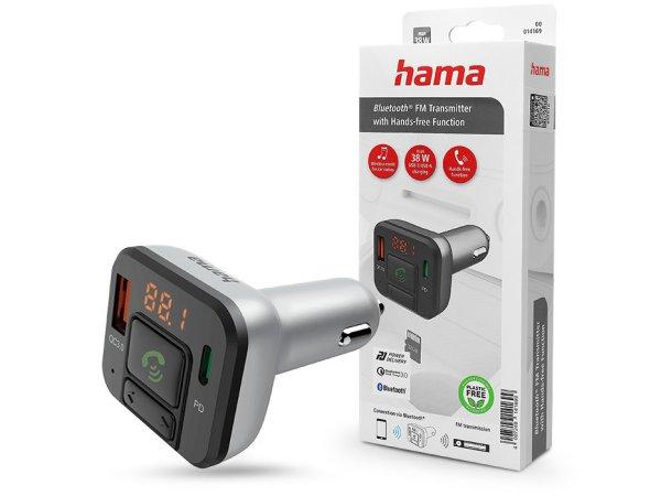 HAMA Bluetooth FM-transmitter / szivargyújtó töltő - USB +Type-C + MP3 +
kártyaolvasó + PD + QC 3.0 - ezüst/fekete