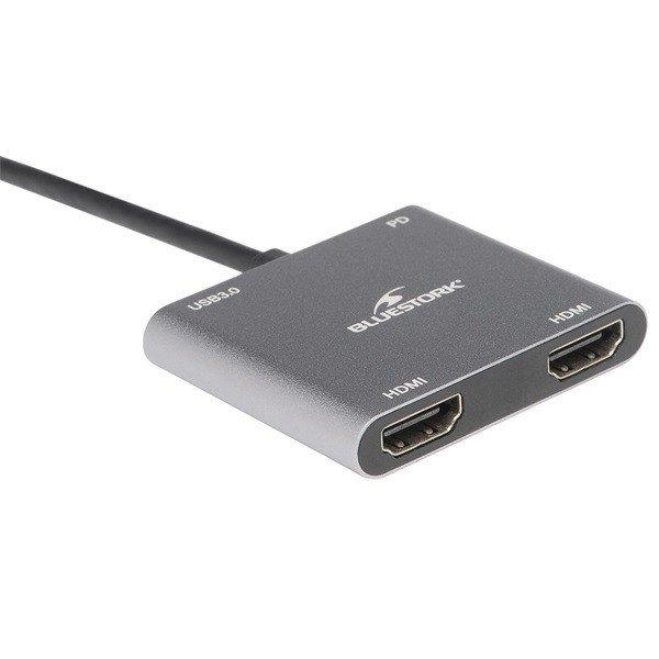 Bluestork USB Hub - HUB-DUO-HDMI (USB3.0, USB-C to 2xHDMI + USB-C, 4K@30Hz,
szürke)