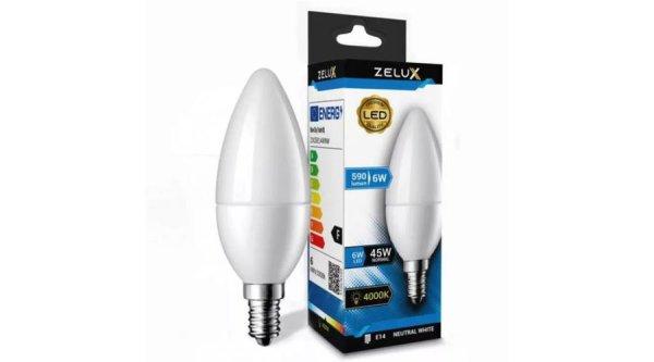 Zelux Led Candle C37 6W E14 4000K Gyertya Izzó