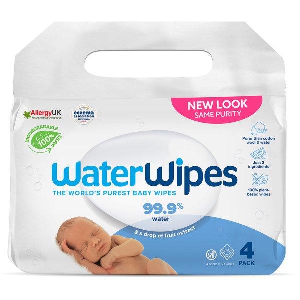 WATERWIPES Nedves törlőkendők, műanyagmentes 4x60 db (240 db)