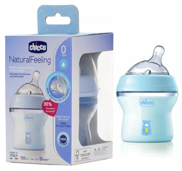 Chicco NaturalFeeling 150 ml cumisüveg újszülöttkorra 0+ kék maci 