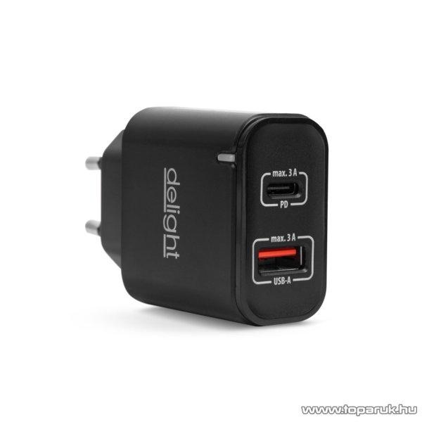 delight 55047BK Hálózati USB PD gyorstöltő adapter USB + Type-C PD 20W
gyorstöltéssel, fekete 