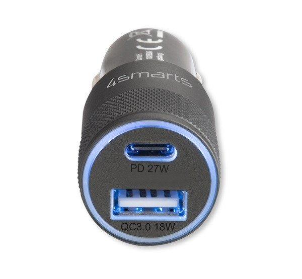 4smarts Rapid+ autós szivargyújtó gyorstöltő, Type-C + USB, PD, 27W,
szürke