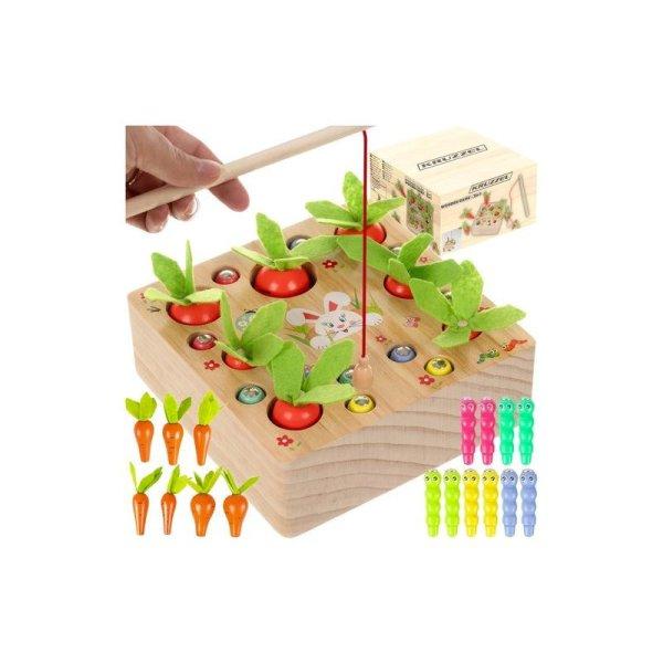 2 az 1-ben fa oktatójáték, veteményeskert formaválasztóval, és mágneses
kukackihúzóval
