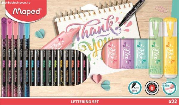 Kalligrafikus készlet, 22 darabos, MAPED "Lettering Set", 6
szövegkiemelő + 16 tűfilc különböző színekben