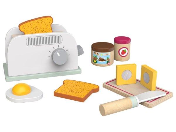 PlaytTive Wooden Toaster Set 12 részes játék fa reggeliző készlet,
pirító, kenyérpirító 2 szelet kenyérrel, tükörtojással, vajjal,
deszkával, lekvárral, csokikrémmel és késsel