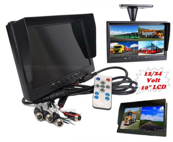 Ipari kivitelű autó, kamion, busz, munkagép 10"-os LCD monitor
tolatókamerához MM3695-QUAD 12/24V