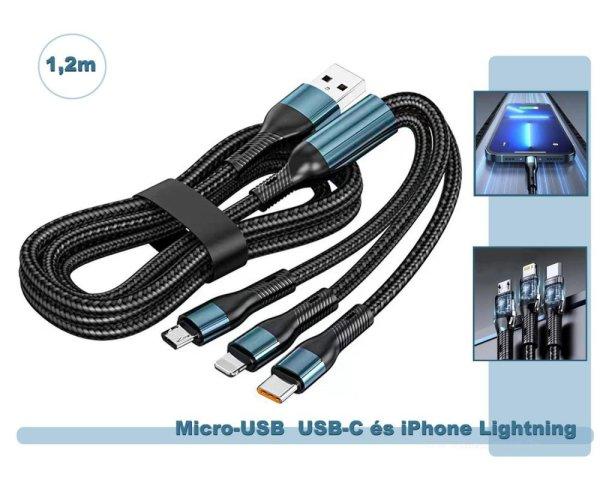 Univerzális Micro-USB USB-C és iPhone Lightning telefon töltőkábel M12019