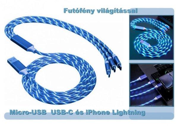 Univerzális Micro-USB USB-C és iPhone Lightning világító telefon
töltőkábel 3IN1MCL