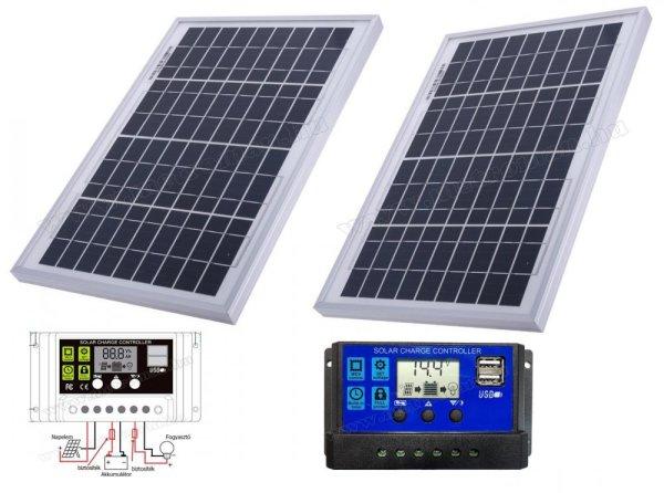 12V 20 Watt napelemes töltő szett töltésvezérlővel Poly Solar
MP-2X10W-10A-PWM