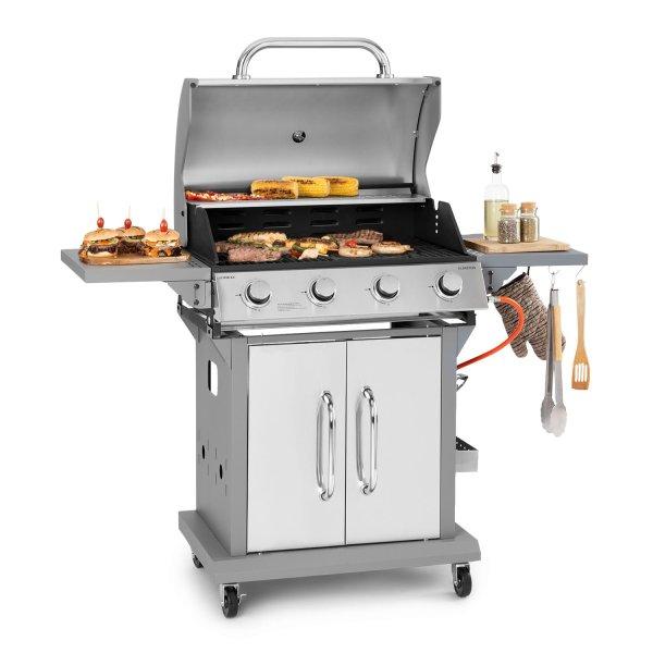 Klarstein Lucifer 4, gázgrill, 4 x 3,6 kW-os égő, 69 x 45 cm-es grill,
rozsdamentes acél, mozgatható