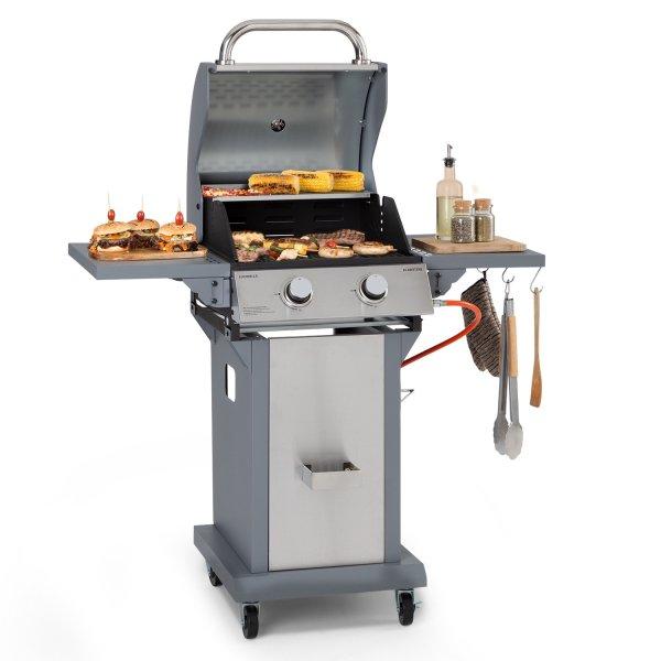 Klarstein Lucifer 2, gázgrill, 2 x 3,6 kW-os égő, 45 x 45 cm-es grill,
rozsdamentes acél, mozgatható