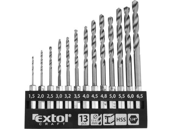 EXTOL CRAFT fémcsigafúró klt., 13db, HSS; 1,5-6,5mm, 1/4" BIT befogás,
polírozott, műanyag tartóban, bliszteren