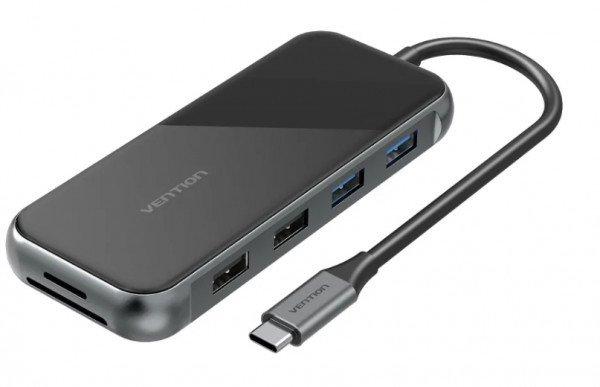 Vention USB-C -> HDMI/ VGA/USB3.0*2/USB2.0*2/RJ45/TF/SD/PD (0,15m, szürke,
tükrös felületű), Dokkoló