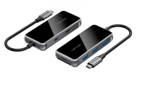 Vention USB-C -> HDMI/USB 3.0x3/SD/TF/PD (0,15m, szürke, tükrös
felületű), Dokkoló