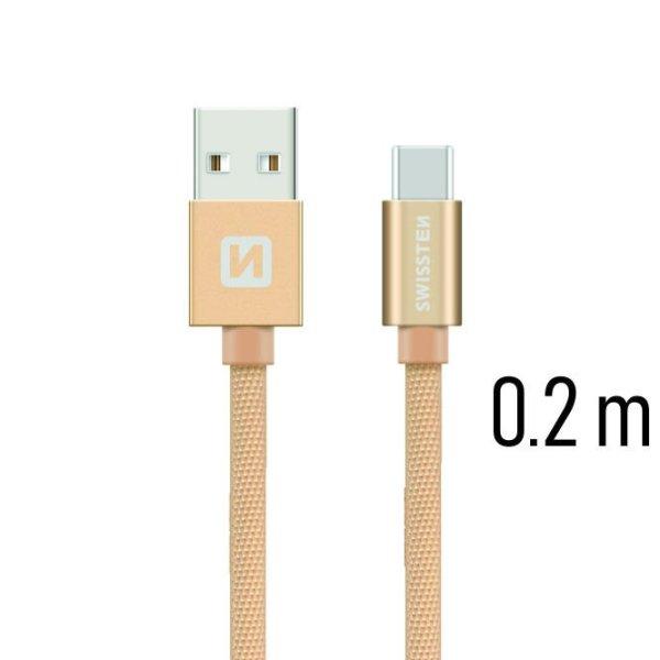 Adatkábel Swissten textil s USB-C konnektorral gyorstöltéssel, Gold