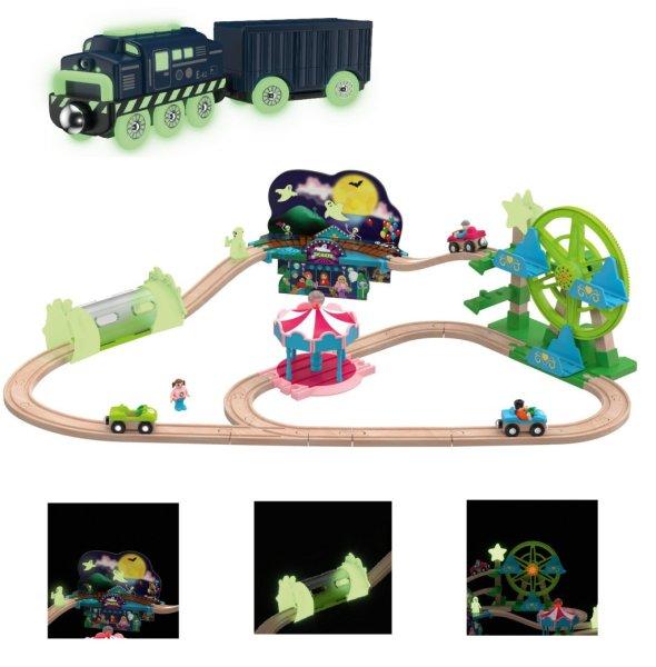 PlayTive Glow SZETT Amusement Train Set 35 részes Vidámpark fa vonat szett
önjáró mozdonnyal + 3 db mechanikus autóval, foszforeszkáló (sötétben
világító) elemekkel