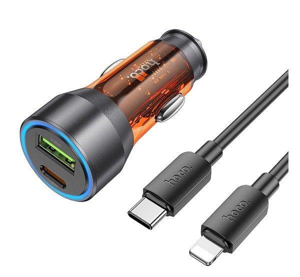 Hoco NZ12A autós szivargyújtó töltő USB QC 18W + Type-C 25W Type-C
kábellel, (Lightning PD43W) átlátszó-narancssárga