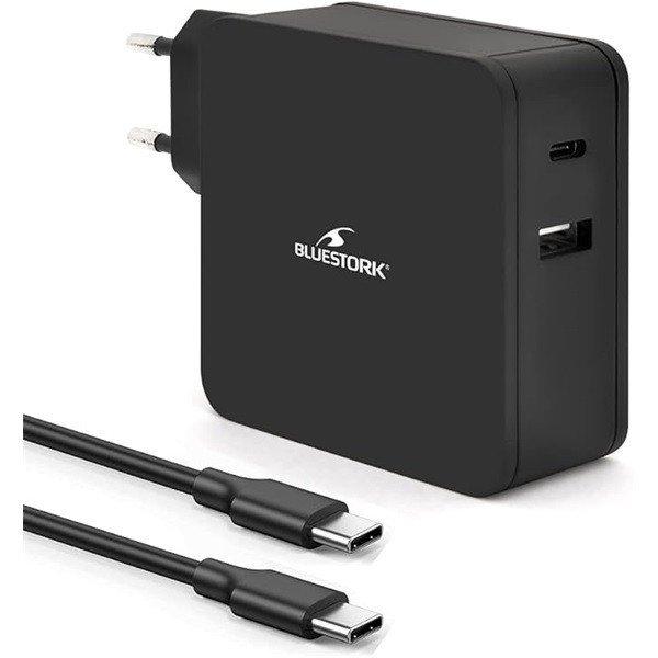 Bluestork Hálózati töltő - PW-NB-65-C (USB-C, USB-A, 65W, 1.8m kábel,
Fekete)