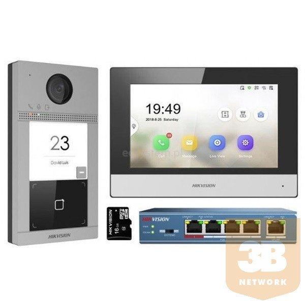 Hikvision IP kaputelefon szett - DS-KIS604-S (DS-KV8113-WME1, DS-KH6320-WTE1,
DS-3E0105P-E/M, 16GB microSD kártya)