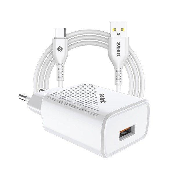 S-Link Hálózati töltő - SL-EC40T (1db USB, 5V/2.4A, 12W, Gyorstöltés, USB
Type-C, 100cm adat+töltőkábel, fehér)