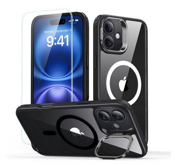 ESR CLASSIC HYBRID szilikon telefonvédő (ütésállóság, légpárnás sarok,
kitámasztó, MagSafe + képernyővédő üveg) FEKETE Apple iPhone 16 5G