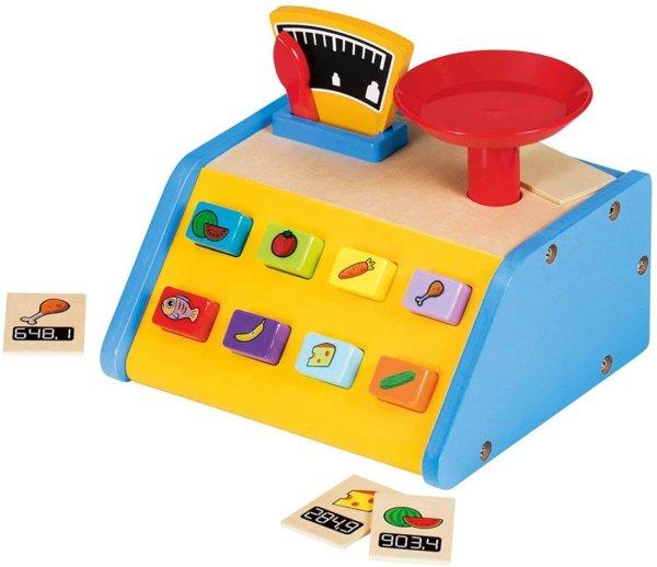 PlaytTive Junior Wooden Scales Set, 9 részes játék fa mérleg, működő
rugós mérleggel és mutatóval, 8 db fa kártyával