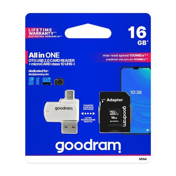 Goodram microSDHC 16GB Class 10 memóriakártya SD adapterrel, Micro USB / USB
OTG kártyaolvasóval és Artisjus matricával - M1A4-0160R12